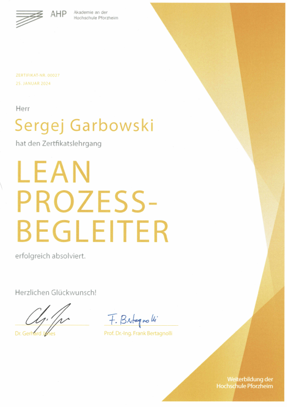 Zertifikat Lean-Prozessbegleiter Sergej Garbowski